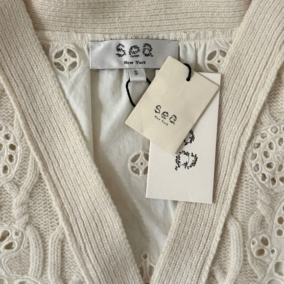 NWT SEA New York Lainey Eyelet-Embroidery Cream Long-Sleeve Cardigan Sweater